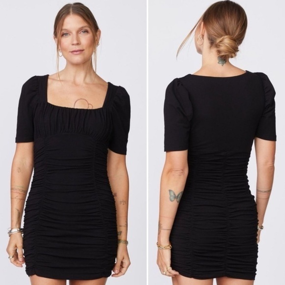 Monrow Shirred Mini Dress, Black, size L NWT - Picture 1 of 7